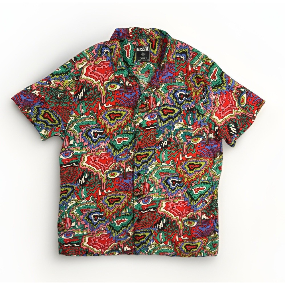 Massive Mens L Psychedelic Trippy Rayon Button Up Shirt Abstract Festival